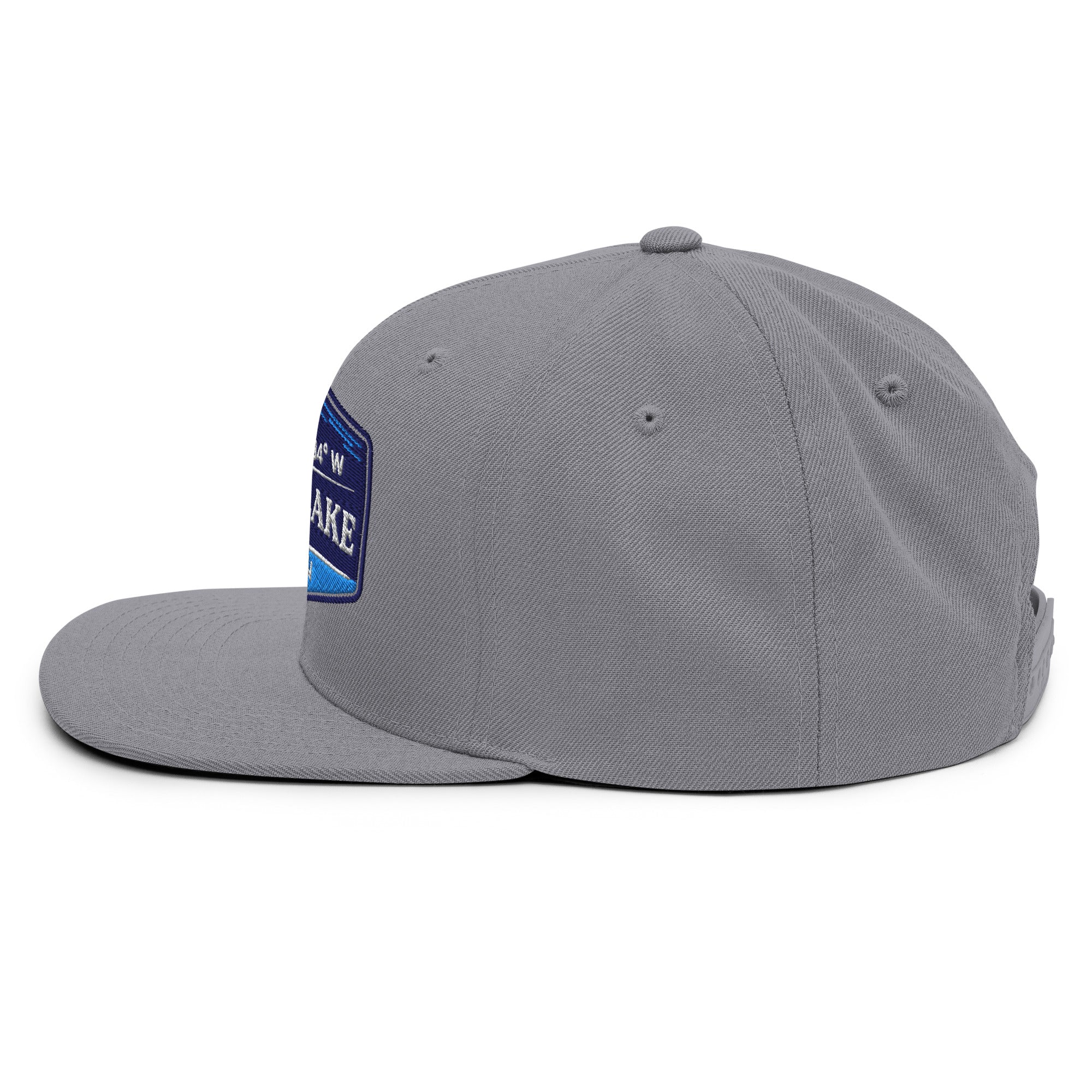 Classic Snap Back Hat, Wake and Lake Coordinate Badge, Silver, side view