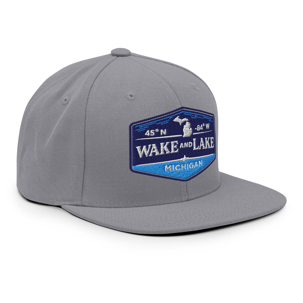 Classic Snap Back Hat, Wake and Lake Coordinate Badge, Silver, front view