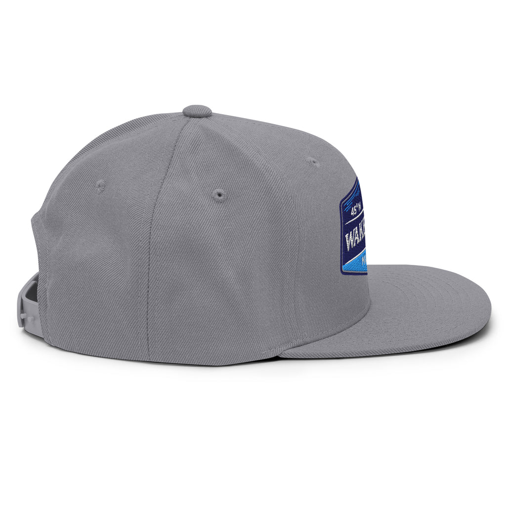 Classic Snap Back Hat, Wake and Lake Coordinate Badge, Silver, side view