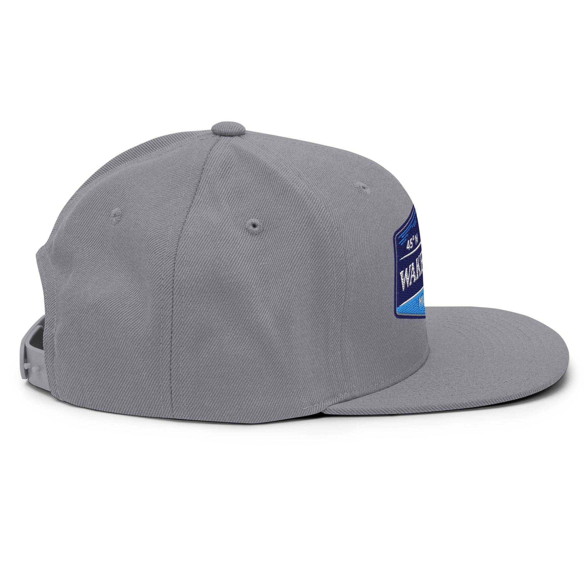 Classic Snap Back Hat, Wake and Lake Coordinate Badge, Silver, side view