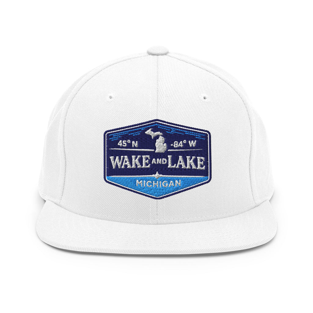 Classic Snap Back Hat, Wake and Lake Coordinate Badge, White, front view