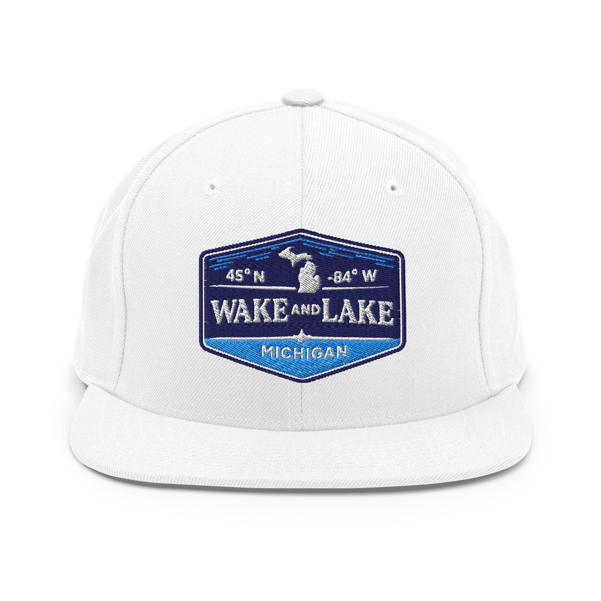 Classic Snap Back Hat, Wake and Lake Coordinate Badge, White, front view