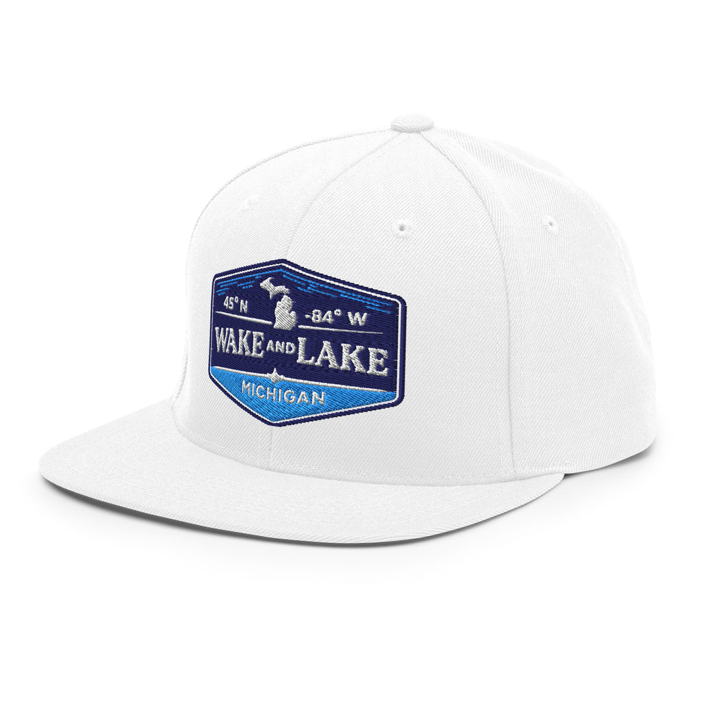 Classic Snap Back Hat, Wake and Lake Coordinate Badge, White, front view