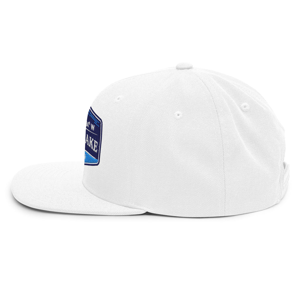 Classic Snap Back Hat, Wake and Lake Coordinate Badge, White, side view