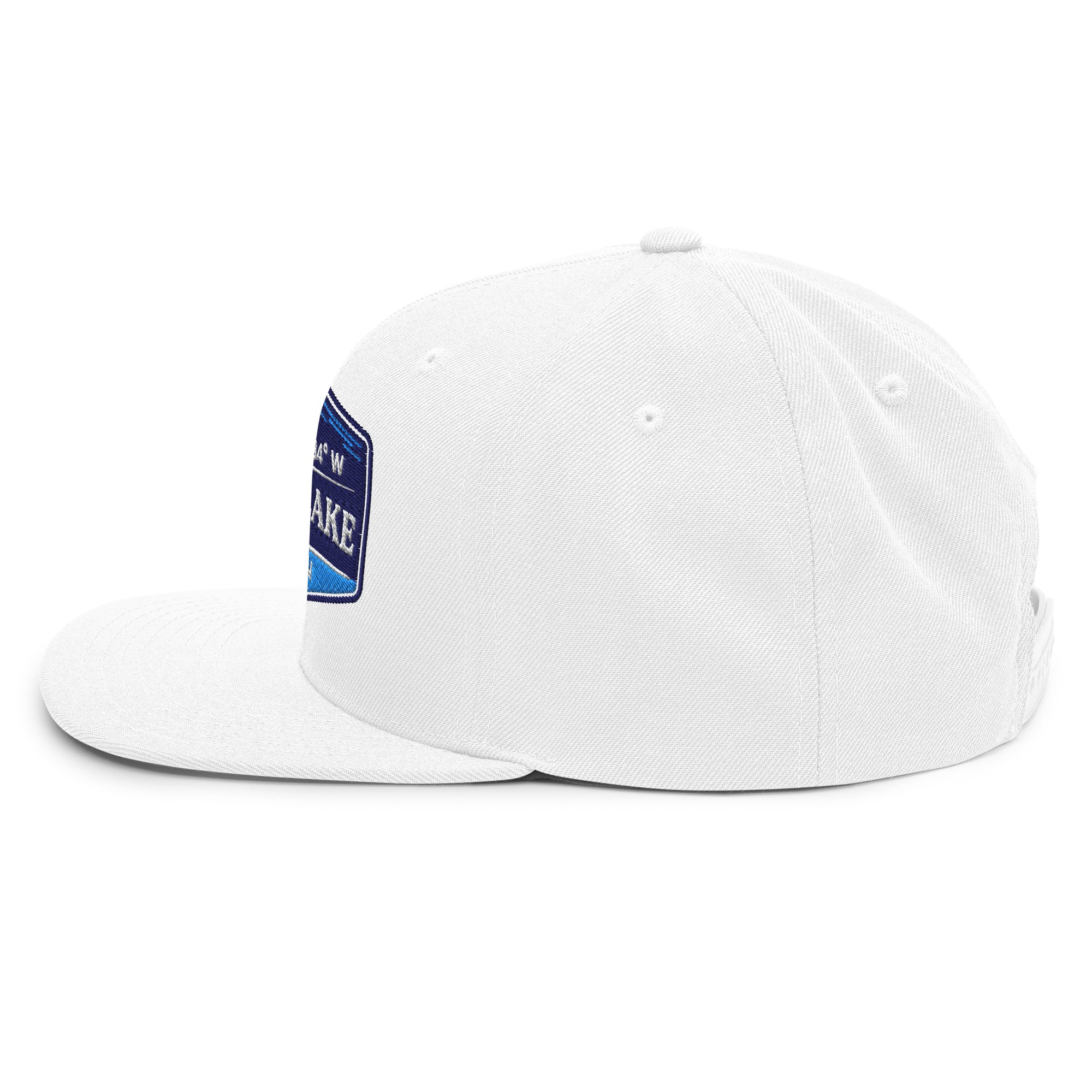 Classic Snap Back Hat, Wake and Lake Coordinate Badge, White, side view