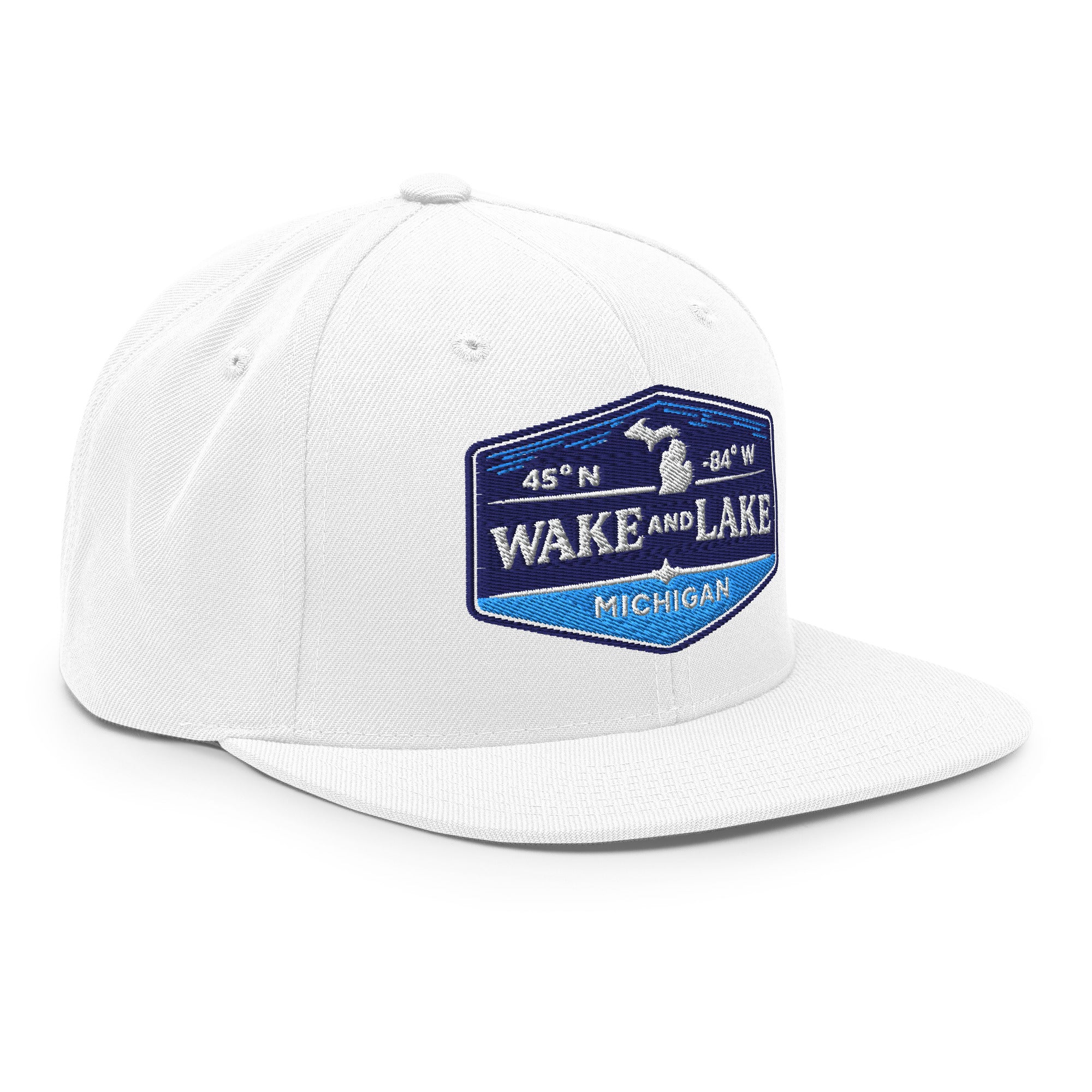 Classic Snap Back Hat, Wake and Lake Coordinate Badge, White, front view