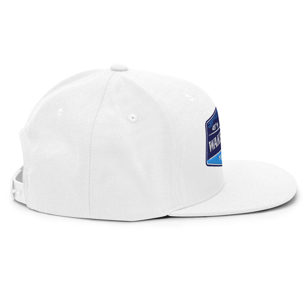 Classic Snap Back Hat, Wake and Lake Coordinate Badge, White, side view