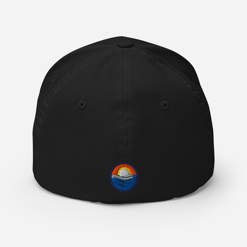 Wake and Lake Michigan Shield FlexFit Hat, Black with Coordinate badge on the front, and Circle Crest logo on the back, rear view
