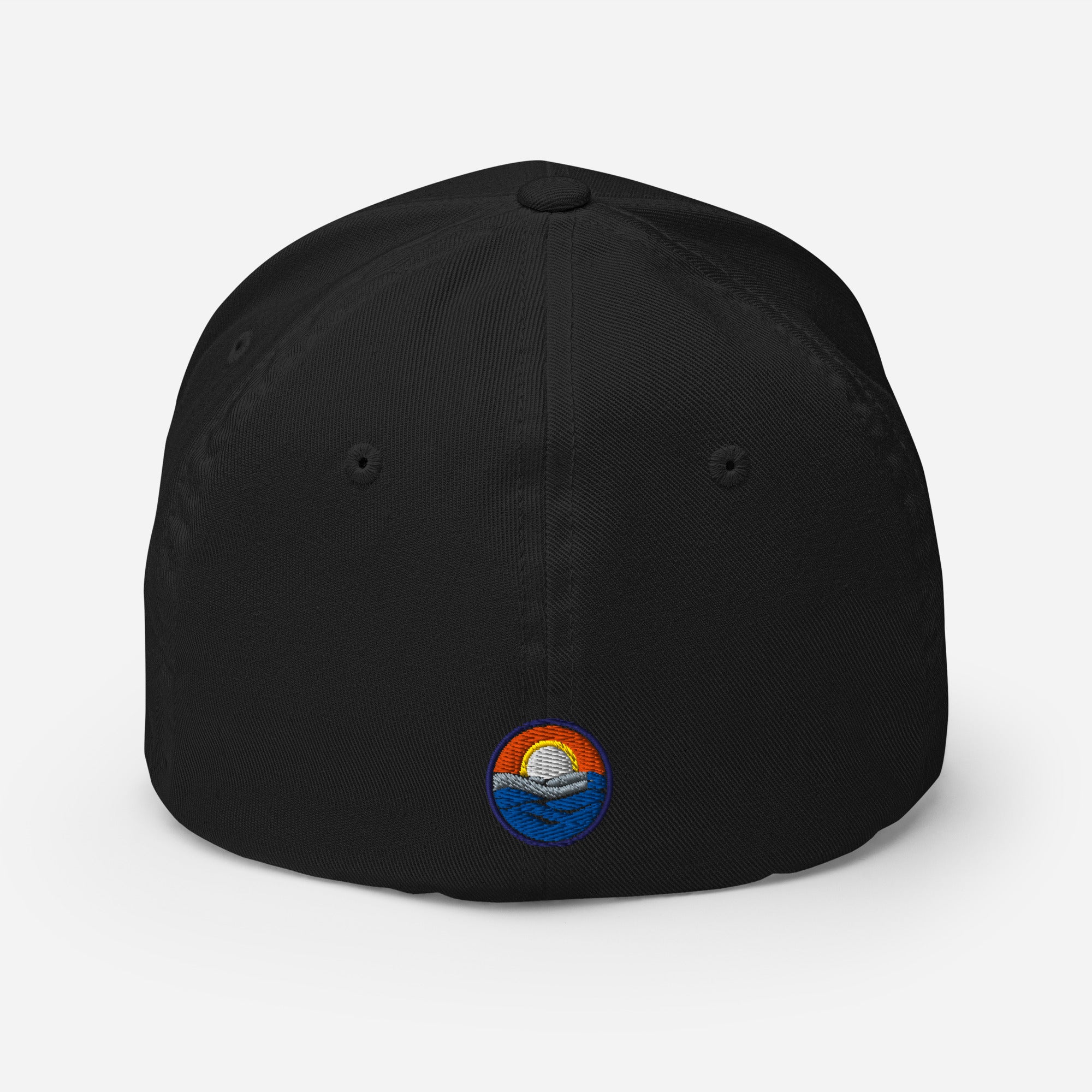 Wake and Lake Michigan Shield FlexFit Hat, Black with Coordinate badge on the front, and Circle Crest logo on the back, rear view