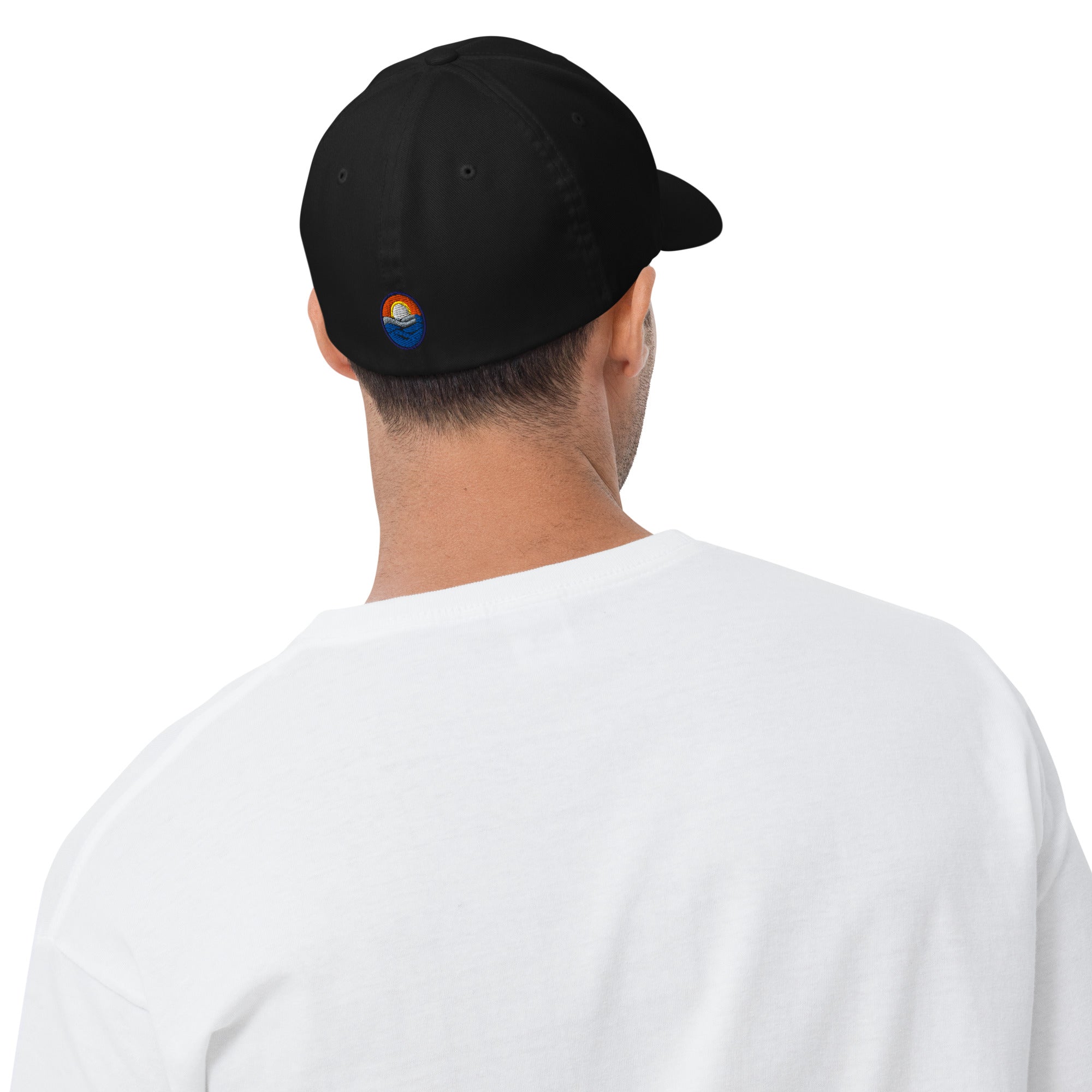 Wake and Lake Michigan Shield FlexFit Hat, Black  with Coordinate badge on the front, and Circle Crest logo on the back, rear view