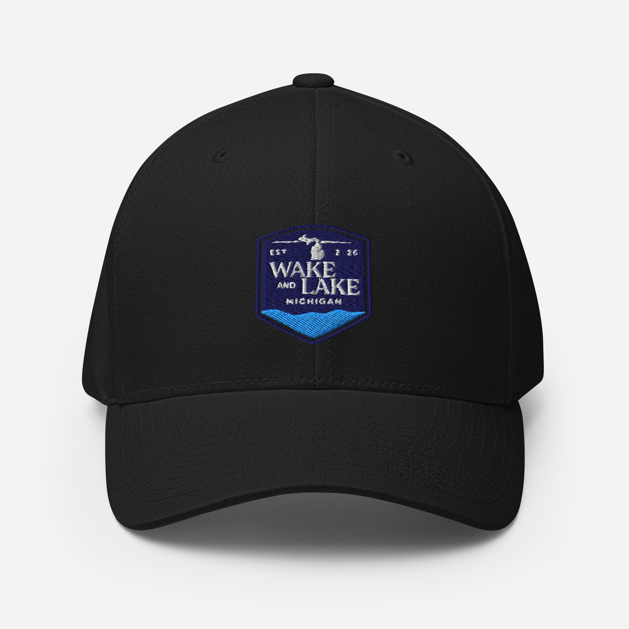 Wake and Lake Michigan Shield FlexFit Hat, Black  with Coordinate badge on the front, and Circle Crest logo on the back, front view