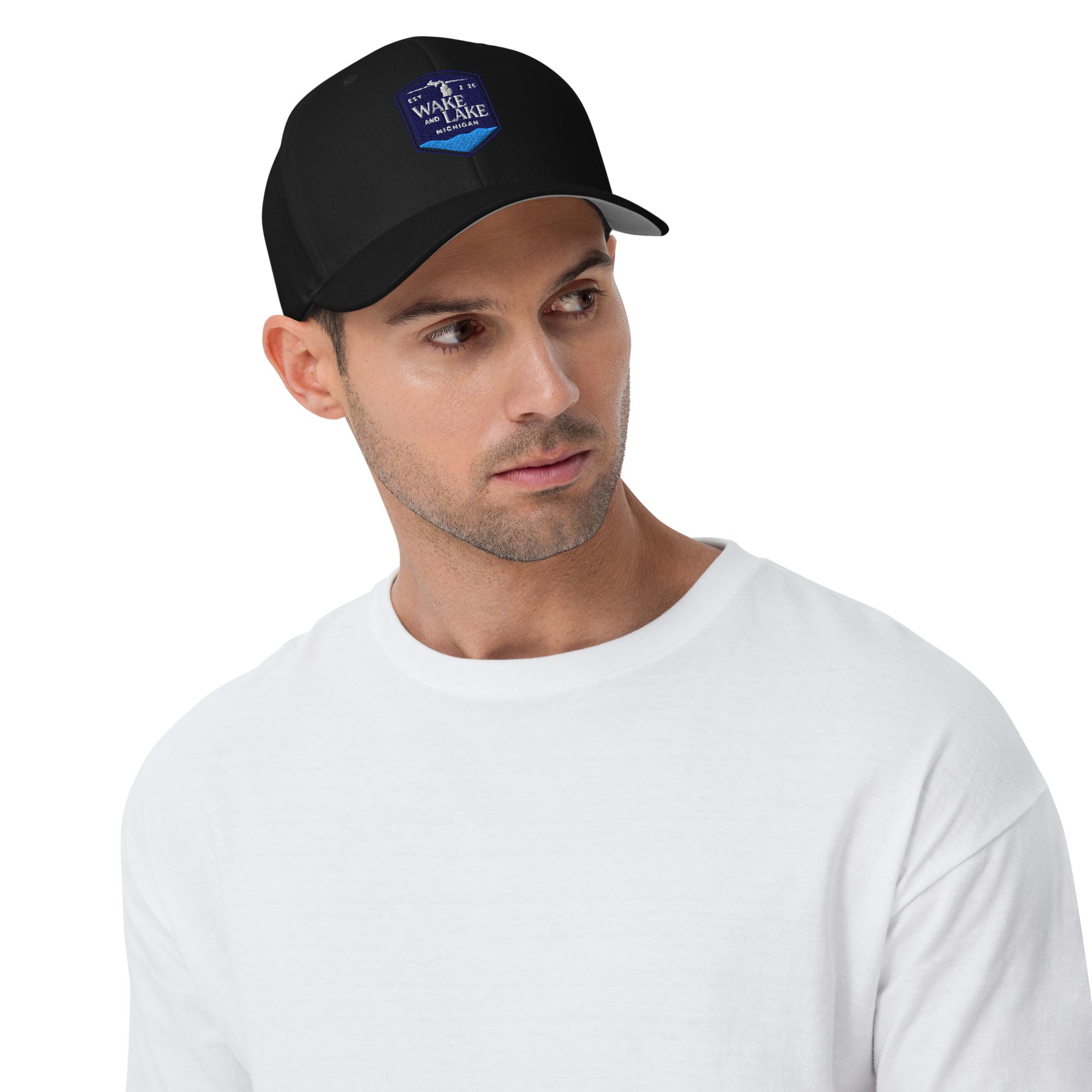Wake and Lake Michigan Shield FlexFit Hat, Black  with Coordinate badge on the front, and Circle Crest logo on the back