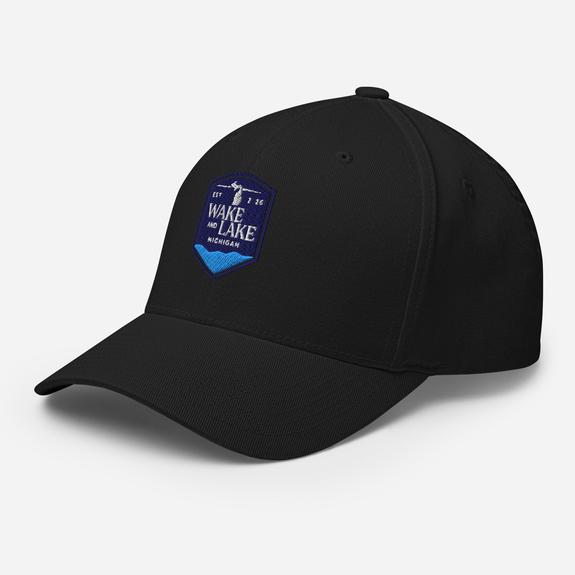 Wake and Lake Michigan Shield FlexFit Hat,  Black with Coordinate badge on the front, and Circle Crest logo on the back, front view