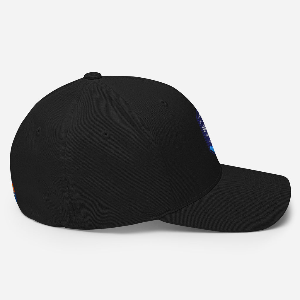 Wake and Lake Michigan Shield FlexFit Hat, Black with Coordinate badge on the front, and Circle Crest logo on the back, side view