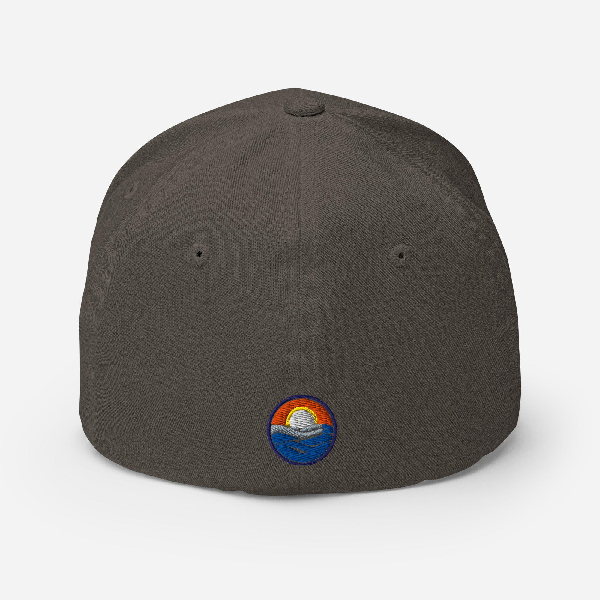 Wake and Lake Michigan Shield FlexFit Hat, dark grey with Coordinate badge on the front, and Circle Crest logo on the back, rear view