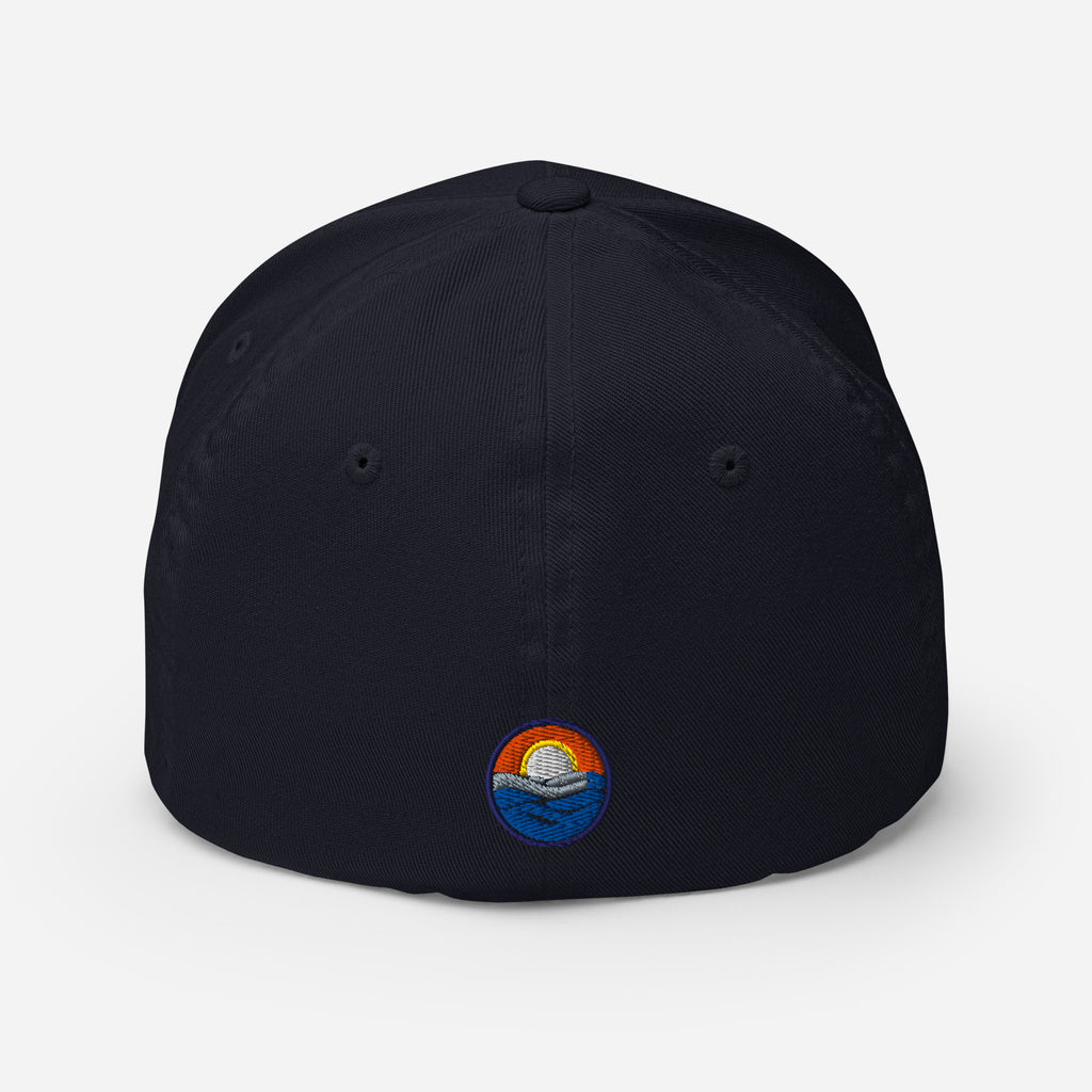Wake and Lake Michigan Shield FlexFit Hat, Dark Navy with Coordinate badge on the front, and Circle Crest logo on the back, rear view