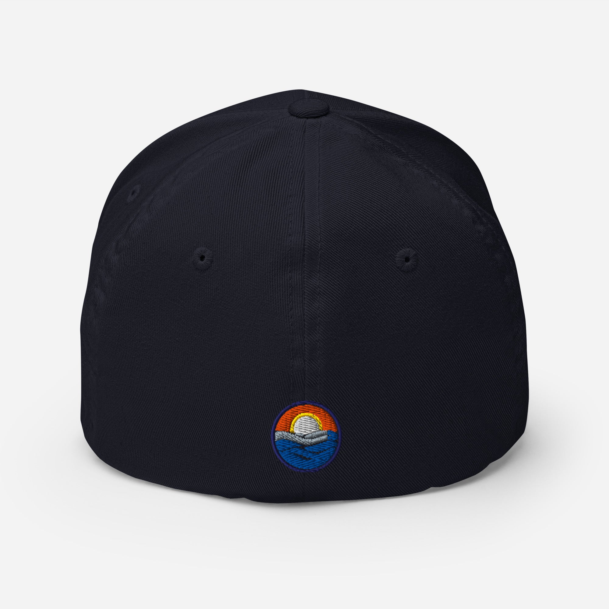 Wake and Lake Michigan Shield FlexFit Hat, Dark Navy with Coordinate badge on the front, and Circle Crest logo on the back, rear view