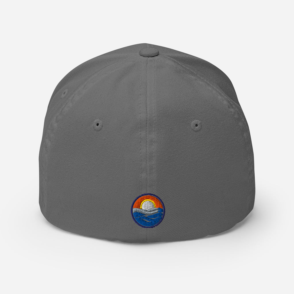 Wake and Lake Michigan Shield FlexFit Hat, grey with Coordinate badge on the front, and Circle Crest logo on the back, front view
