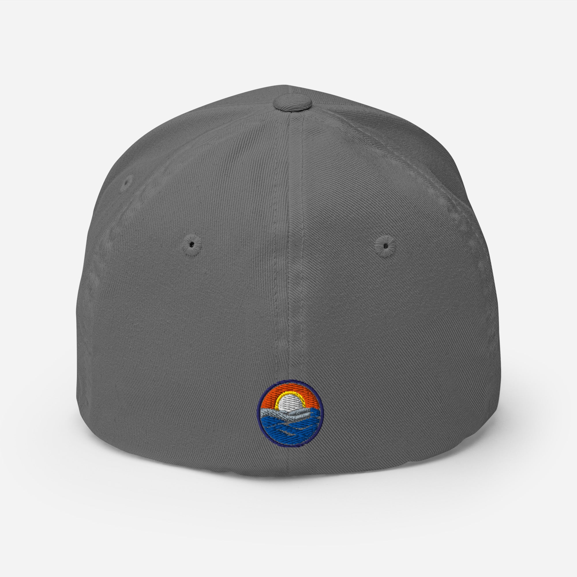 Wake and Lake Michigan Shield FlexFit Hat, grey with Coordinate badge on the front, and Circle Crest logo on the back, front view