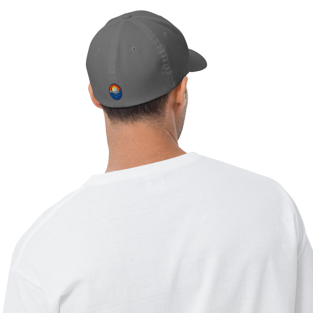 Wake and Lake Michigan Shield FlexFit Hat, Grey with Coordinate badge on the front, and Circle Crest logo on the back