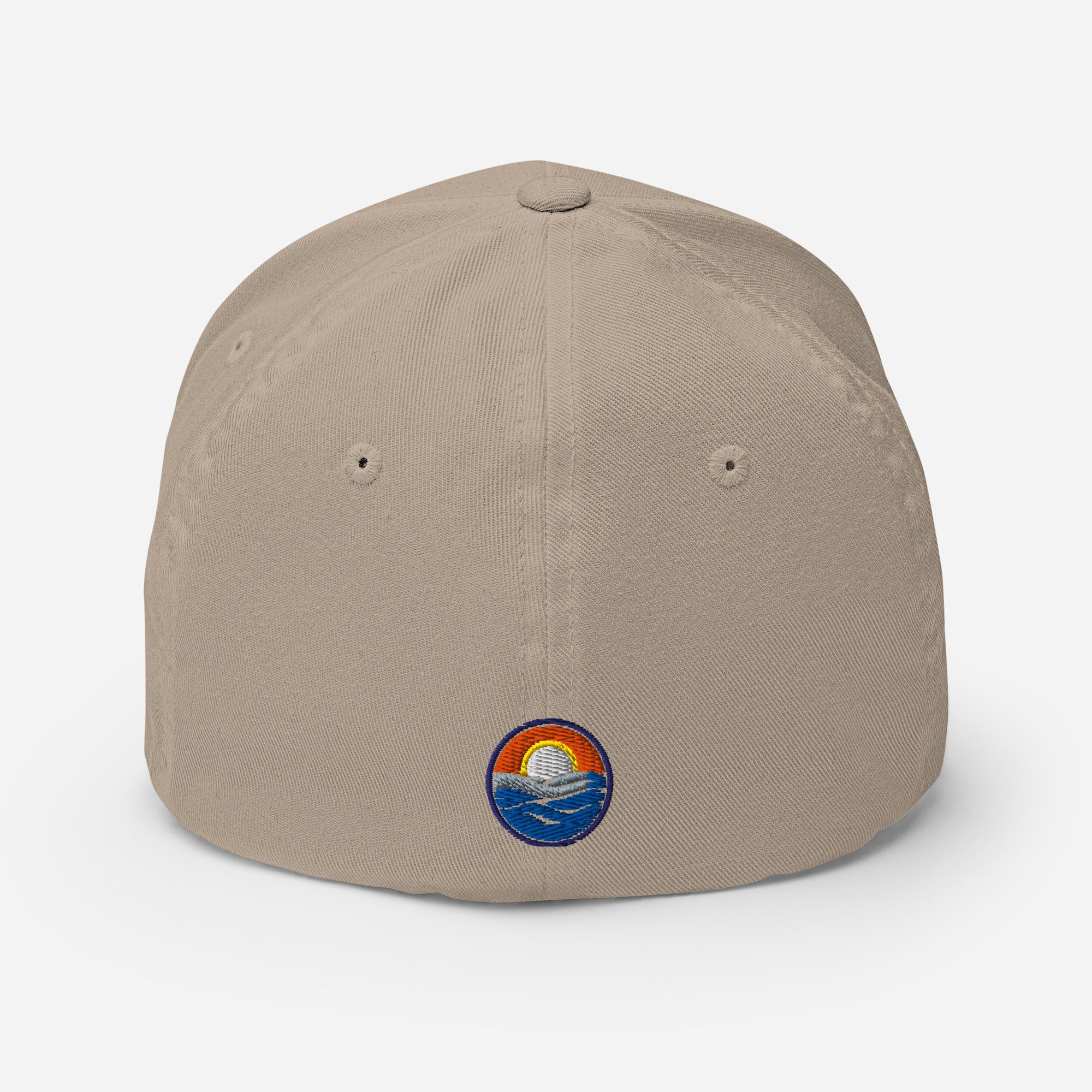 Wake and Lake Michigan Shield FlexFit Hat, khaki with Coordinate badge on the front, and Circle Crest logo on the back, rear  view