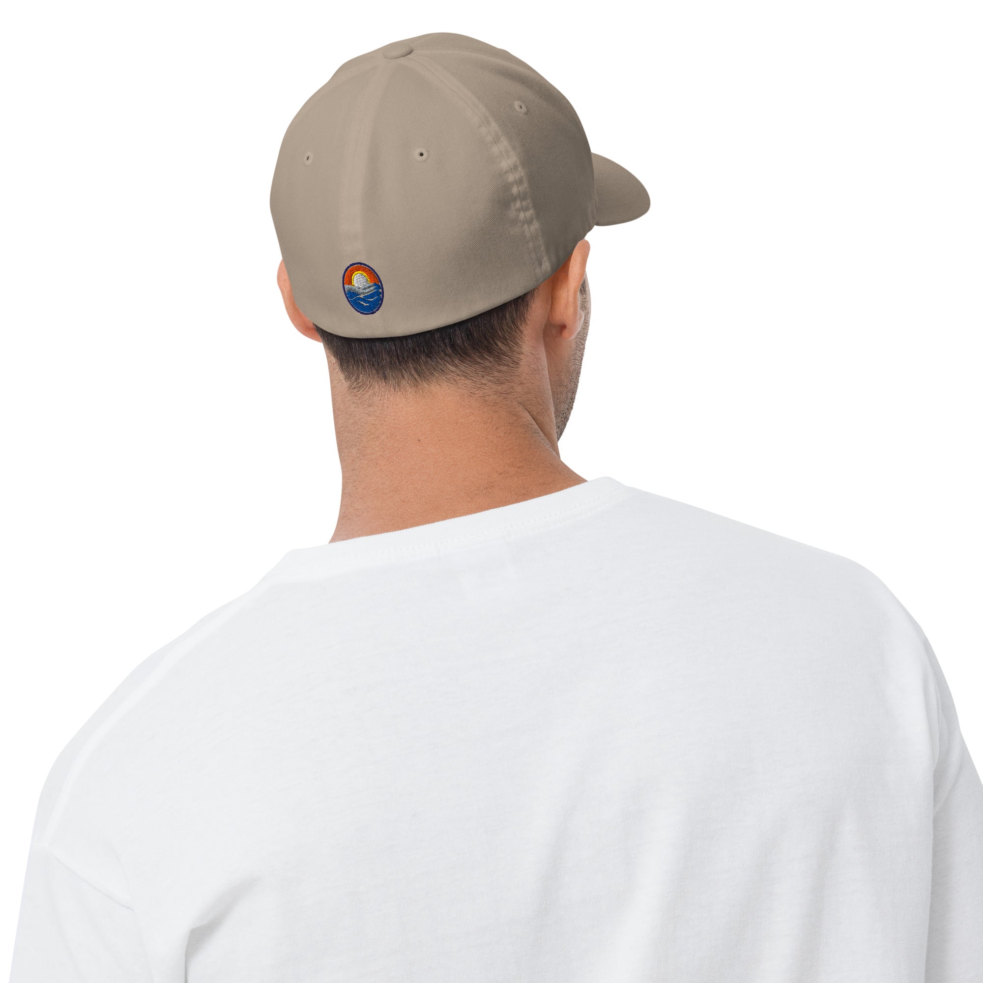 Wake and Lake Michigan Shield FlexFit Hat, Khaki with Coordinate badge on the front, and Circle Crest logo on the back, rear view
