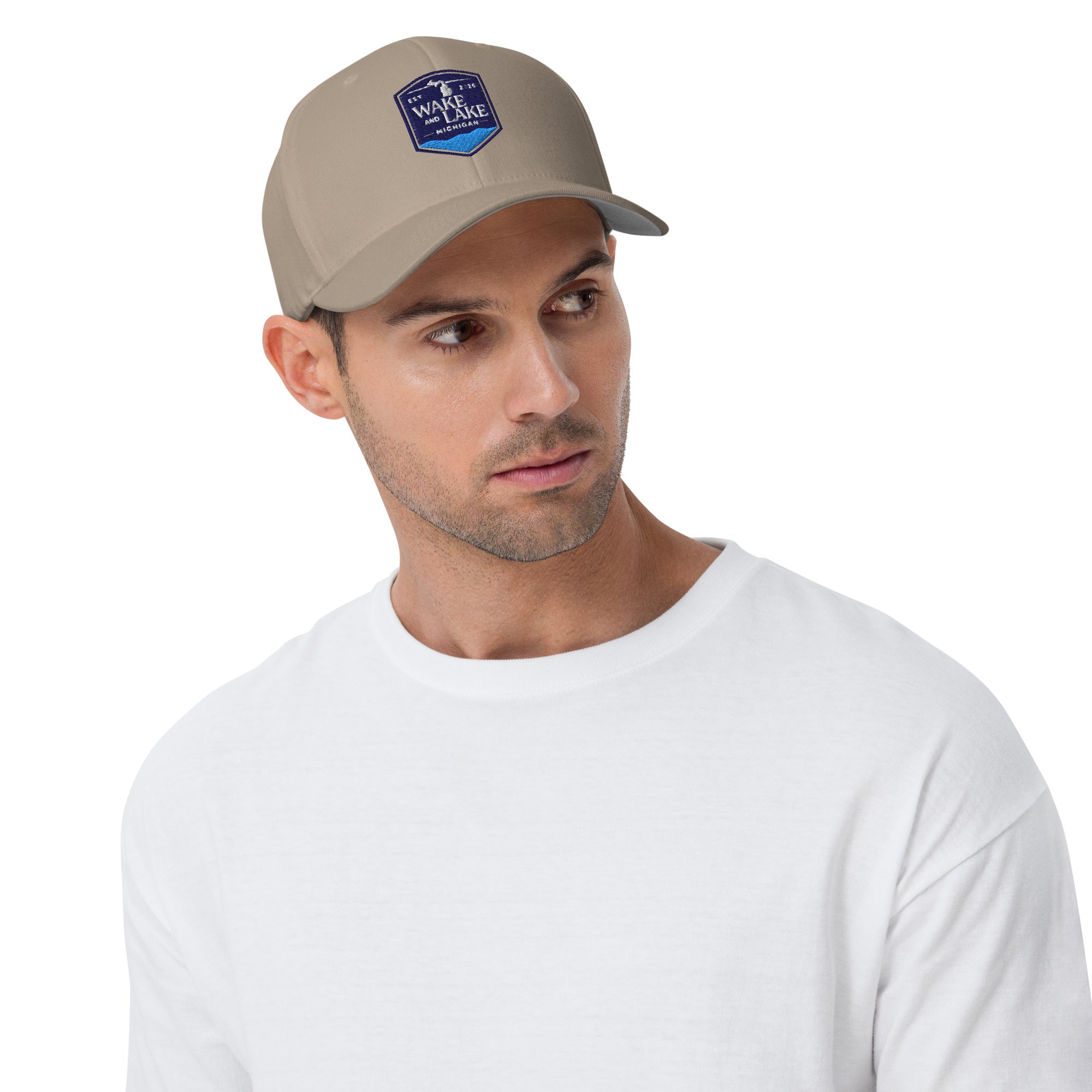 Wake and Lake Michigan Shield FlexFit Hat, Khaki with Coordinate badge on the front, and Circle Crest logo on the back