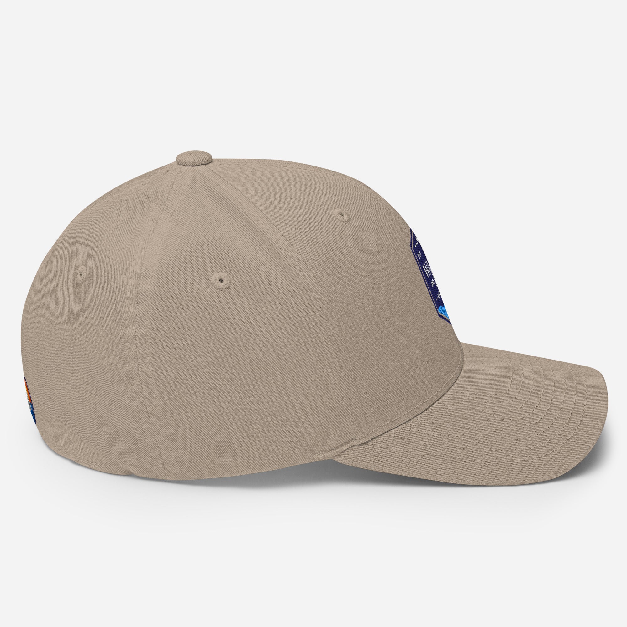Wake and Lake Michigan Shield FlexFit Hat, khaki with Coordinate badge on the front, and Circle Crest logo on the back, side view