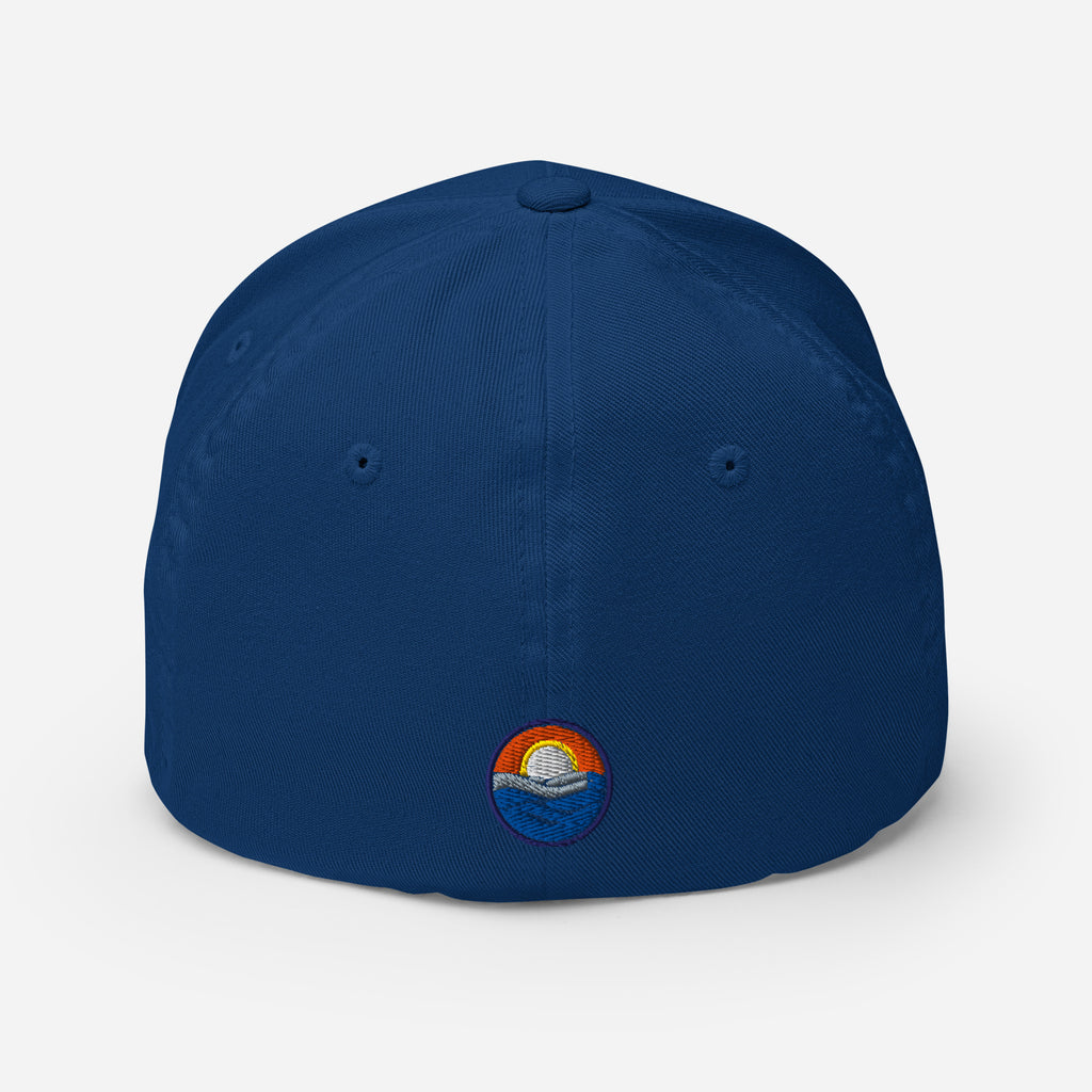 Wake and Lake Michigan Shield FlexFit Hat, Royal blue with Coordinate badge on the front, and Circle Crest logo on the back, rear view