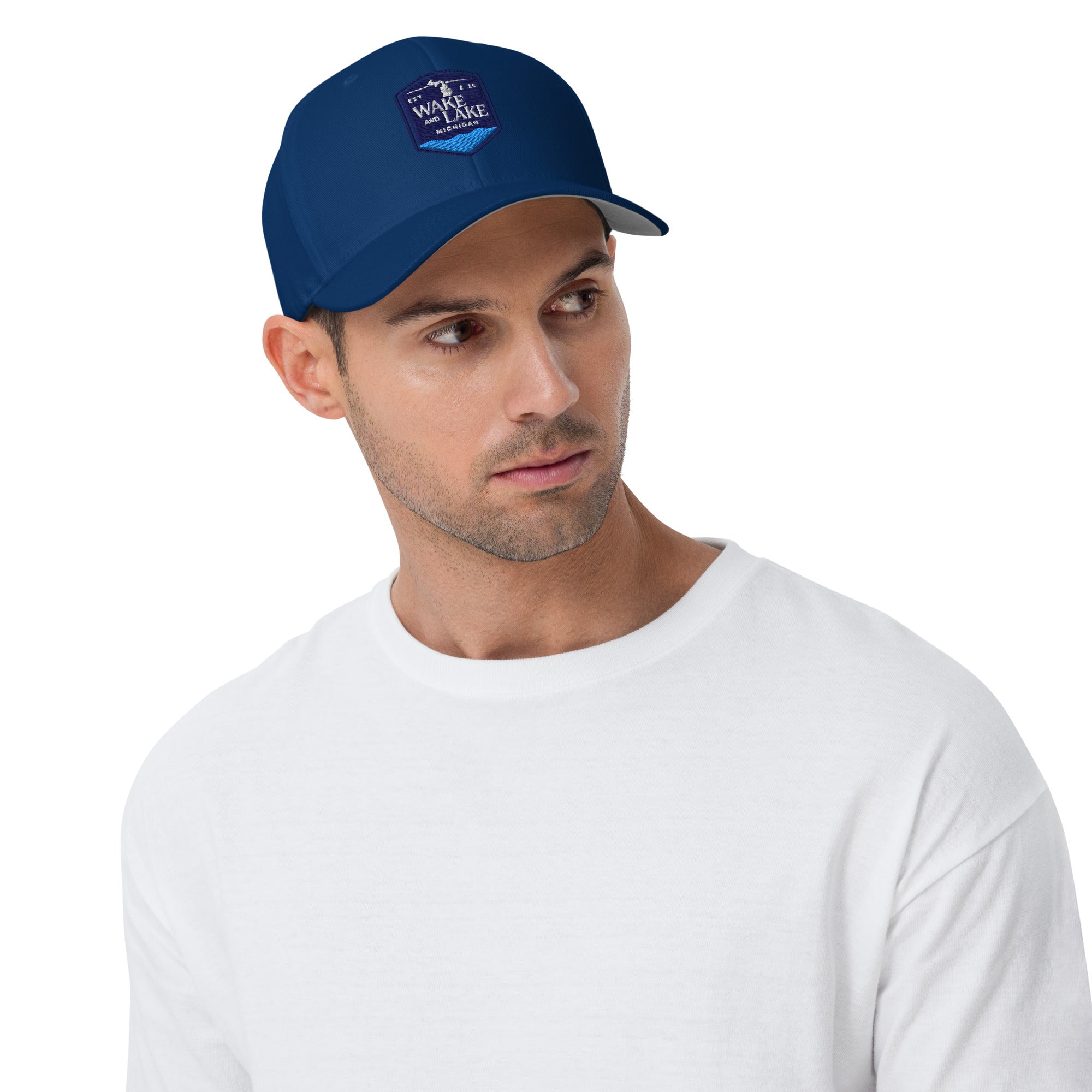 Wake and Lake Michigan Shield FlexFit Hat, Royal blue  with Coordinate badge on the front, and Circle Crest logo on the back