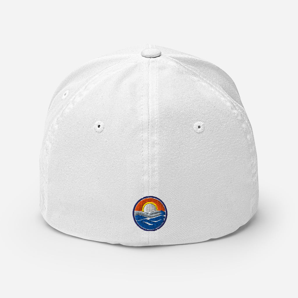 Wake and Lake Michigan Shield FlexFit Hat, khaki with Coordinate badge on the front, and Circle Crest logo on the back, rear view