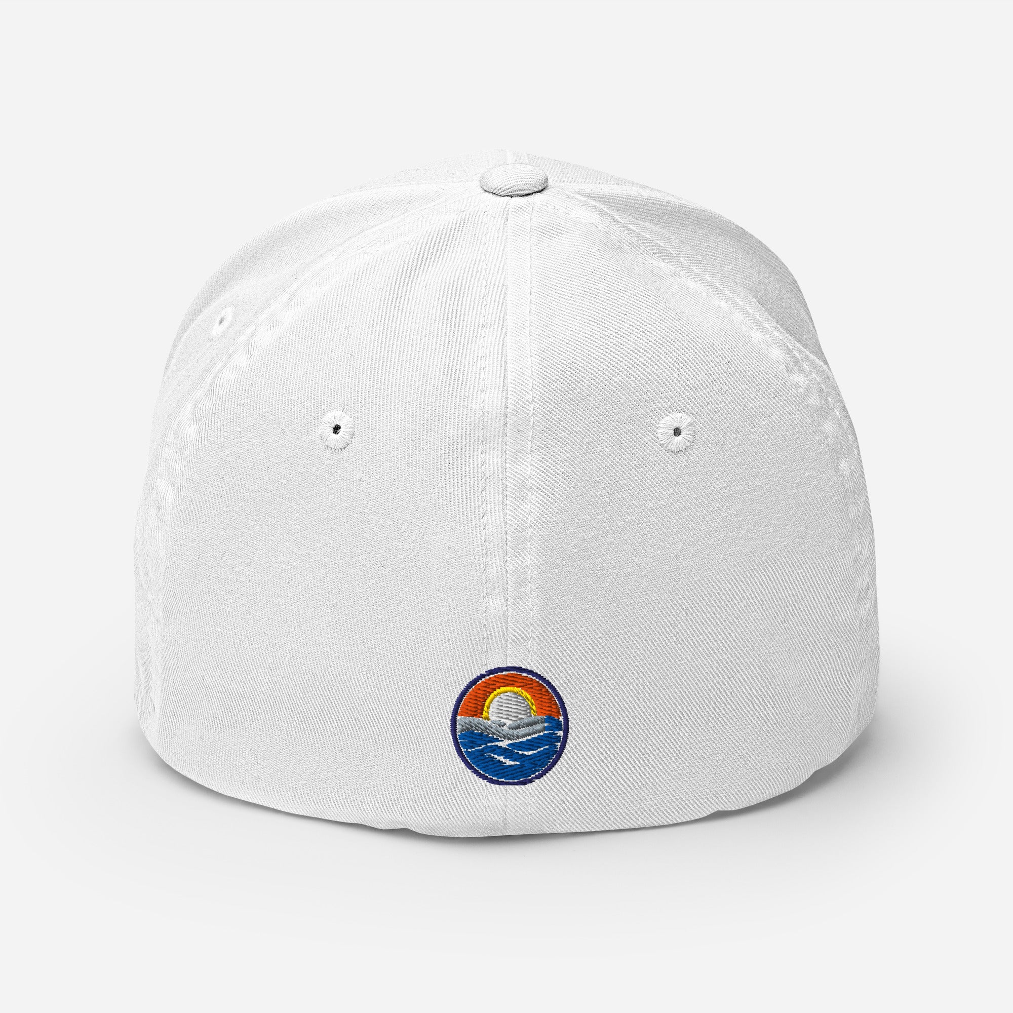 Wake and Lake Michigan Shield FlexFit Hat, khaki with Coordinate badge on the front, and Circle Crest logo on the back, rear view