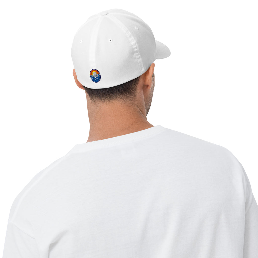 Wake and Lake Michigan Shield FlexFit Hat, White with Coordinate badge on the front, and Circle Crest logo on the back