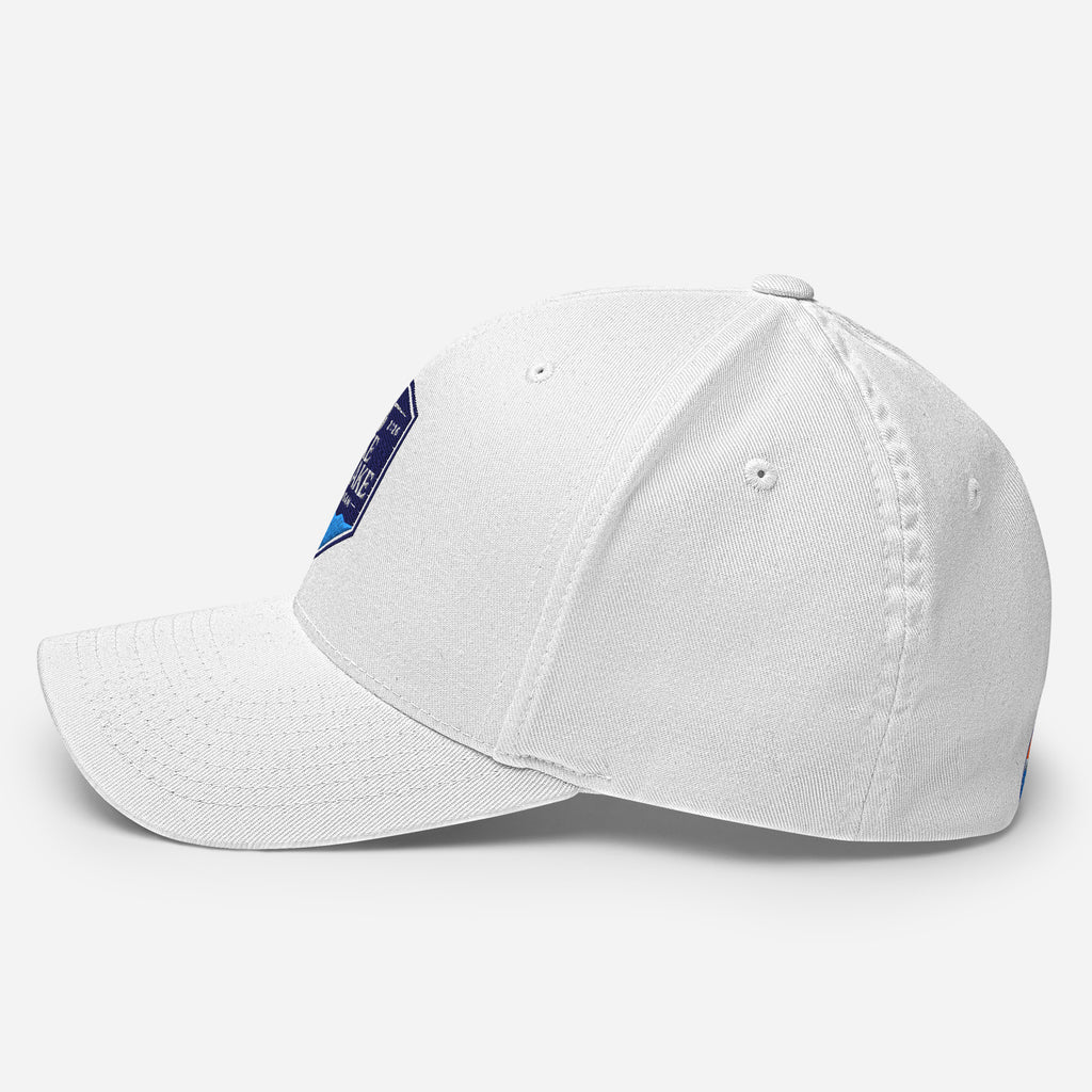 Wake and Lake Michigan Shield FlexFit Hat, White with Coordinate badge on the front, and Circle Crest logo on the back, side view