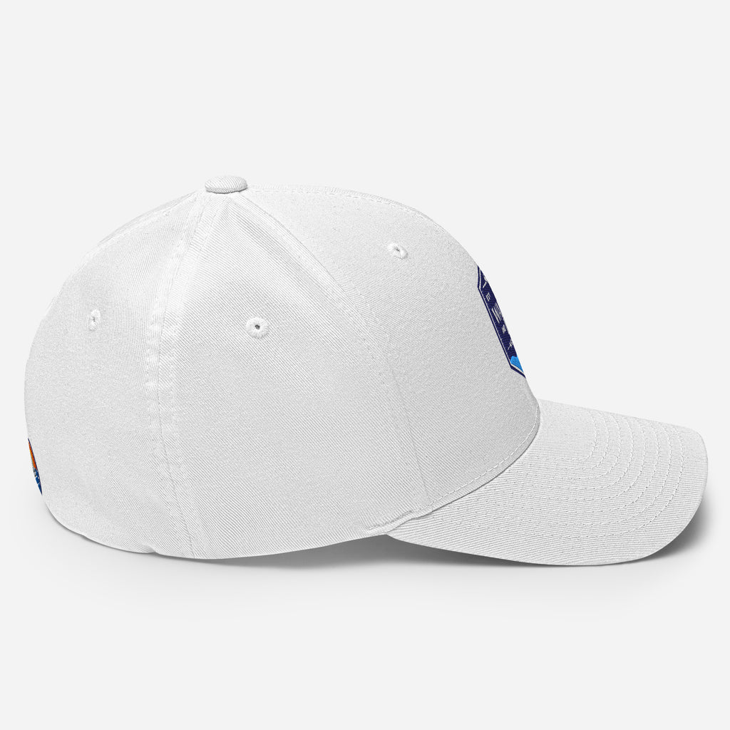 Wake and Lake Michigan Shield FlexFit Hat, white with Coordinate badge on the front, and Circle Crest logo on the back, side view