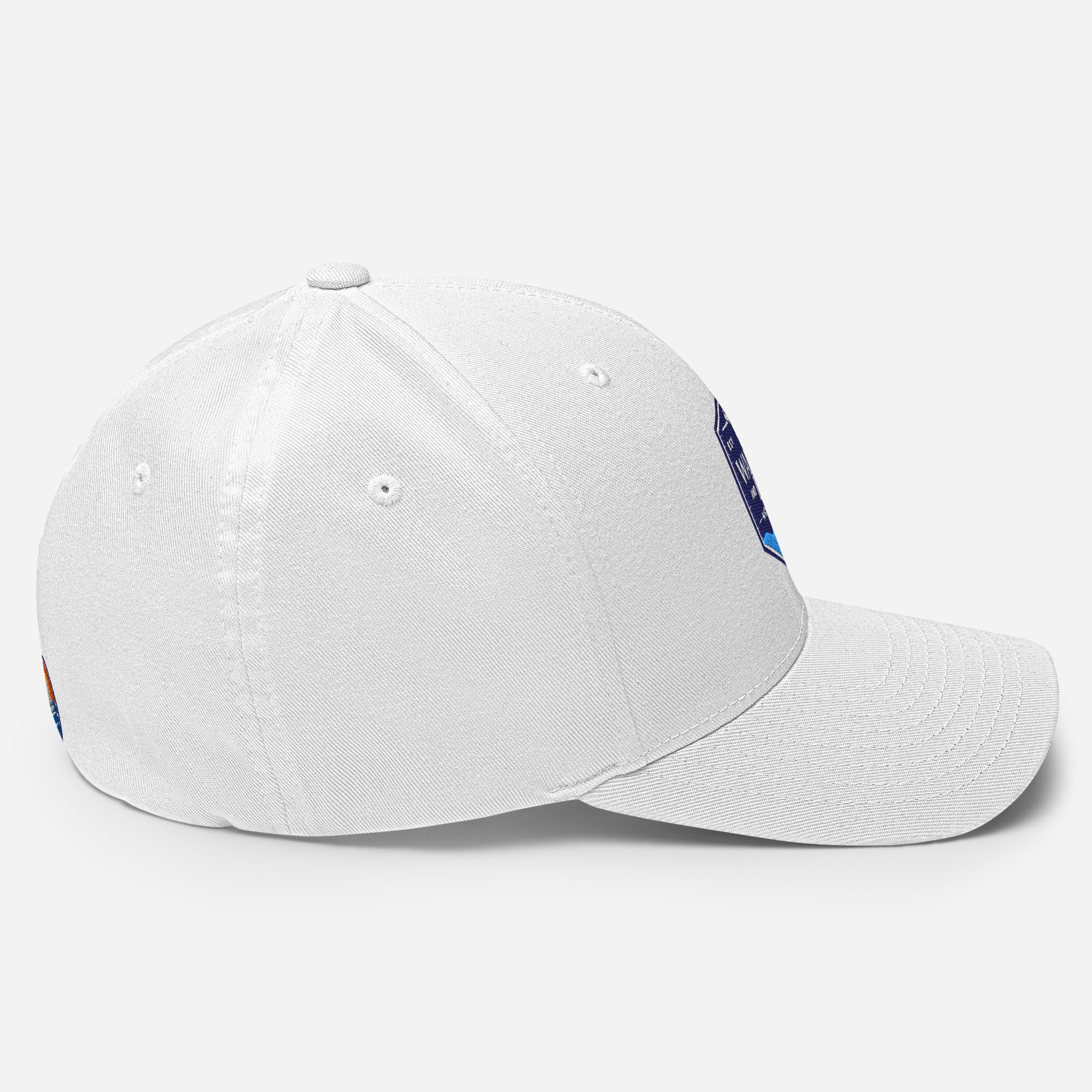 Wake and Lake Michigan Shield FlexFit Hat, white with Coordinate badge on the front, and Circle Crest logo on the back, side view